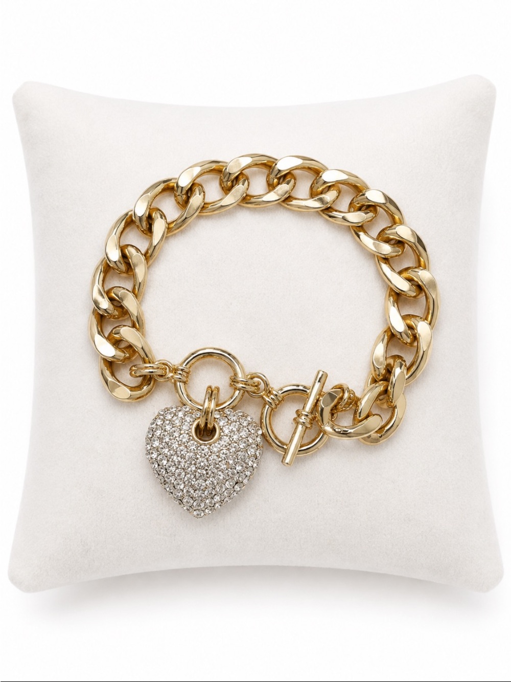 Gold-Tone Chunky Curb Chain Crystal Pavé Heart Charm Toggle Bracelet